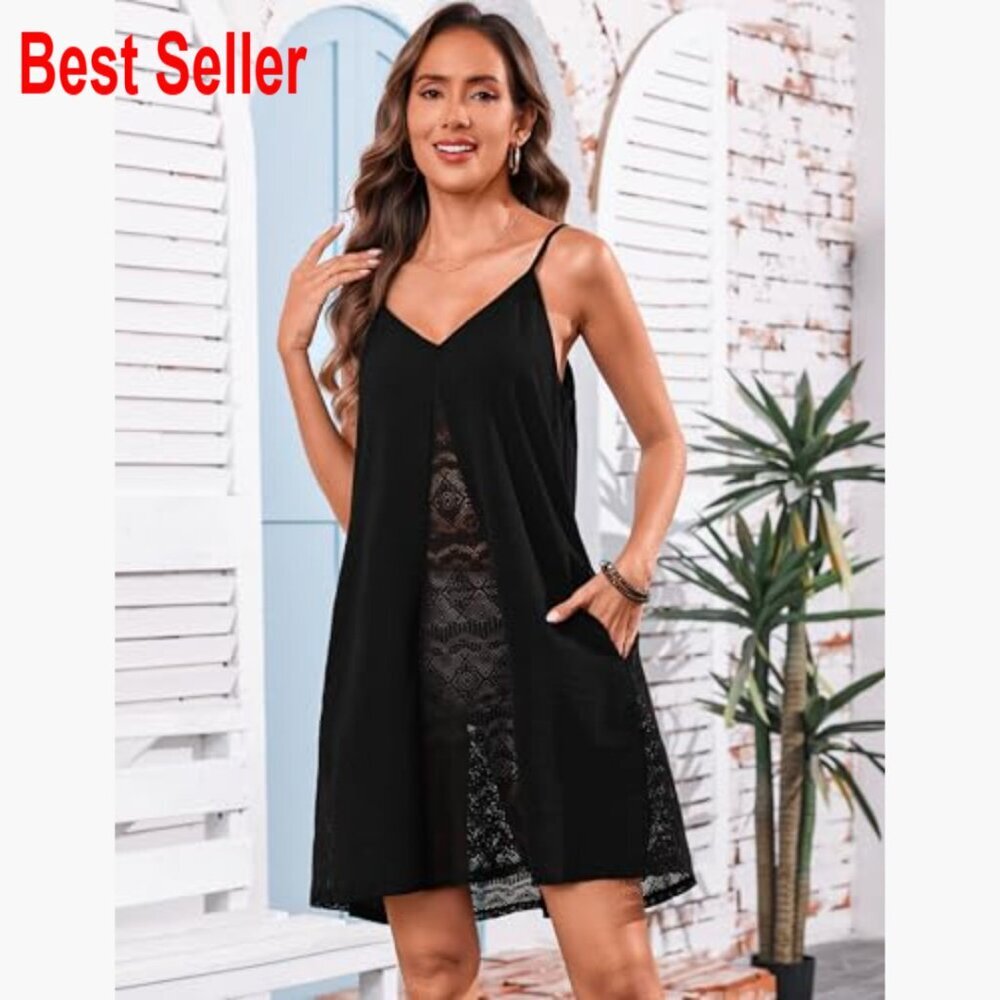 Polyester Crochet Tank Dress with Spaghetti Straps and Pockets - Picture 3 of 7